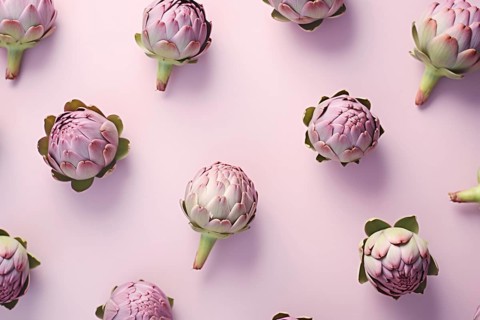 Top view of artichokes on pink background. KI generiert, generiert AI generated