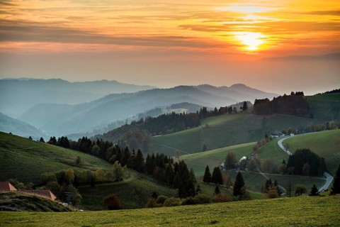 Hilly landscape, sunset, view from Schauinsland into Muenstertal, near Freiburg im Breisgau, Black