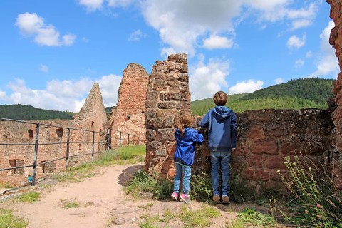 Boy and girl at the Hardenburg castle ruins, Bad Duerkheim