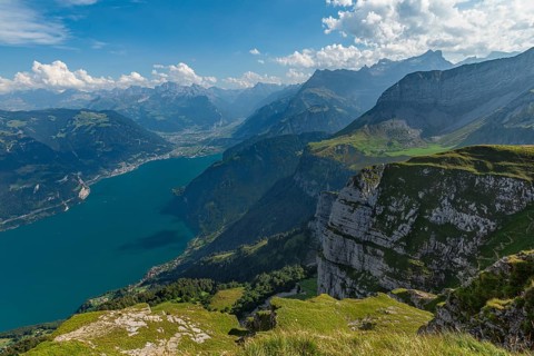 View from Niederbauen Kulm (1923m) to Flueelen and Altdorf, Lake Lucerne, Canton Uri, Switzerland,