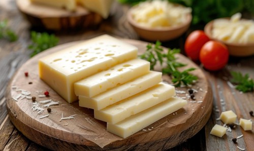Slices of cheese with rosemary and tomatoes on a wooden background AI generated