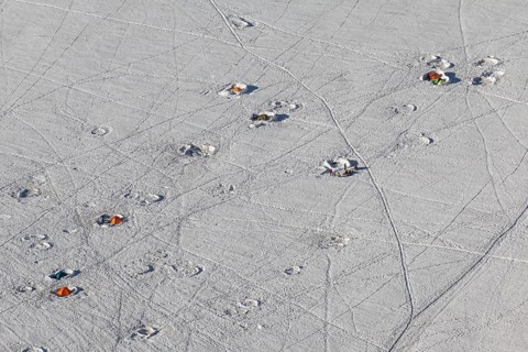 Mountaineers in tent camp on glacier, base camp, Mont Blanc massif, French Alps, Chamonix, France,