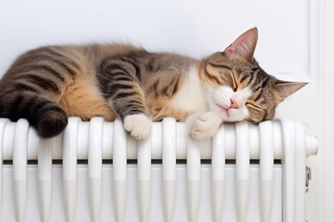 Cat sleeping on heating radiator. KI generiert, generiert AI generated