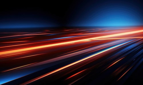 Abstract technology background with blue and red glowing lines and bokeh AI generated