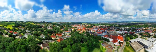 Aerial view of Dingolfing with a view of the historic town centre. Dingolfing, Lower Bavaria,