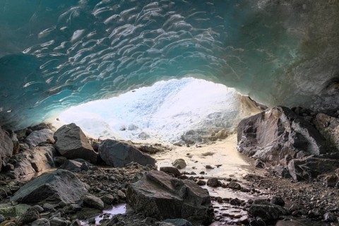 Glacier cave, winter, Morteratsch Glacier, Pontresina, Engadin, Graubuenden, Switzerland, Europe