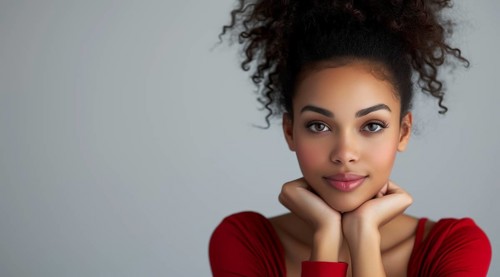 Smiling woman with afro, hands on chin, wearing red, portraying an engaging look, AI generated