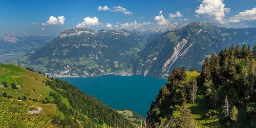 View from Niederbauen Kulm (1923m) to Fronalpstock (2123m) and Sisikon, Lake Lucerne, Canton Uri,