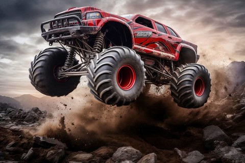 Monster truck driving and jumping outdoors amidst a cloud of dust. Thrill and adrenaline of an