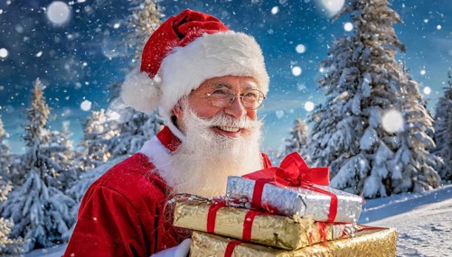 AI generated, man, 70+, Father Christmas, red coat, backpack, full beard, winter, snow, ice, fir