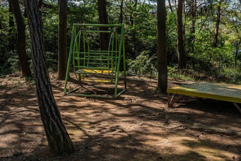Metal swing bench under trees in shaded roadside park in South Korea