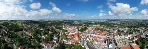 Aerial view of Dingolfing with a view of the historic town centre. Dingolfing, Lower Bavaria,