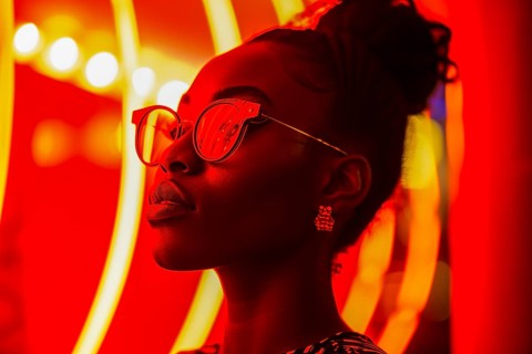 Side silhouette of a woman with trendy glasses, surrounded by a soft, red neon light in a disco, AI