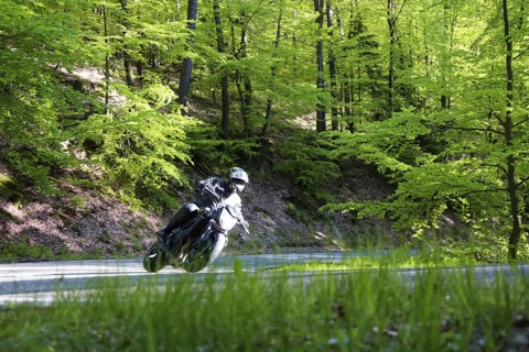 Sporty motorcyclist on a trip into the countryside (Edenkoben Valley, Palatinate Forest)