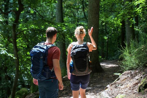 Symbolic image: Young couple hiking in the Palatinate Forest, here on the fifth stage of the