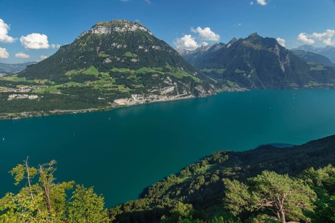 View from Seelisberg over Lake Lucerne to Fronalpstock and Bristenstock, Canton Uri, Switzerland,