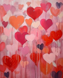 A vibrant abstract painting featuring various shades of red and pink hearts against a soft textured