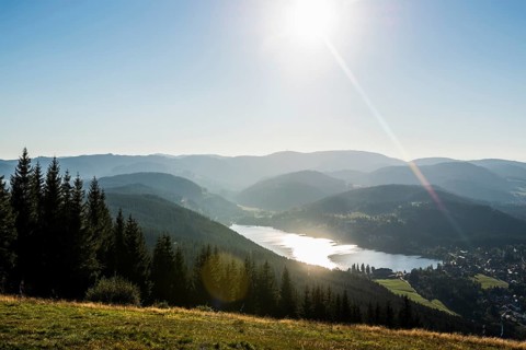 View from Hochfirst to Titisee and Feldberg, sunset, near Neustadt, Black Forest,