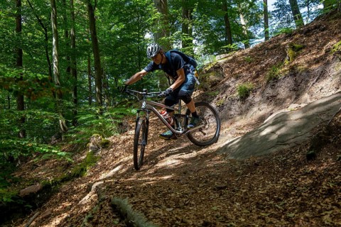 Mountain biker negotiates a tight hairpin bend in the Pfaelzerwald mountain bike park near Dahn