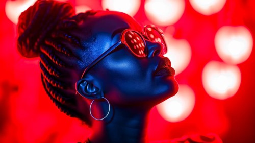 Woman with mirrored large glasses, in a playful mood, surrounded by neon lights in a disco, AI