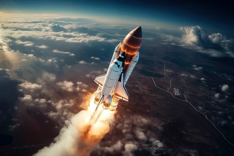 Aerial view of a rocket shuttle carrier launch at sunrise over an ocean coast. The rocket is