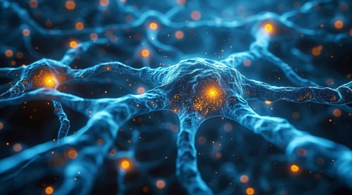 Network of interconnected brain cells in a blue digital illustration, ai generated, AI generated