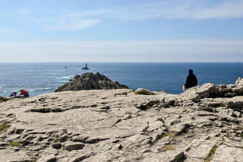 Atlantic Ocean in front of the rocks at Pointe du Raz, Plogoff, Finistere, Brittany, France, Europe