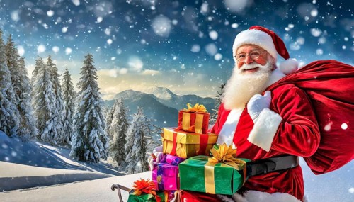 AI generated, man, 70+, Father Christmas, red coat, backpack, full beard, winter, snow, ice, fir