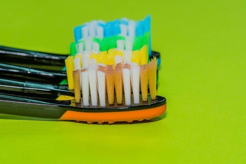Closeup of four toothbrushes in orange, yellow, green and blue on a green background