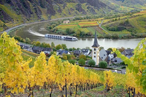 View over the wine village of Bremm am Calmont with the St Laurentius church and the ruins of the