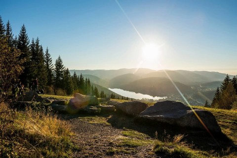 View from Hochfirst to Titisee and Feldberg, sunset, near Neustadt, Black Forest,