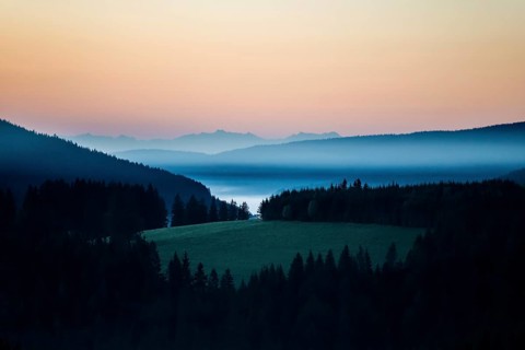 Morning mist, morning mood, sunrise, view from Thurner, Swiss Alps in the background, Black Forest,
