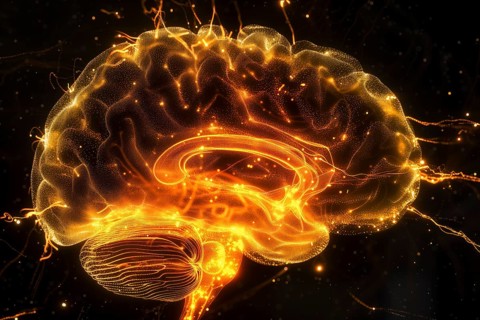 A glowing brain in orange and yellow tones symbolising electrical activity, AI generated, AI