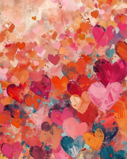 A vibrant abstract painting featuring various shades of red and pink hearts against a soft textured