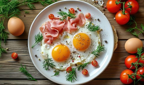 Fried eggs with ham and arugula on a black plate on a dark wooden background AI generated