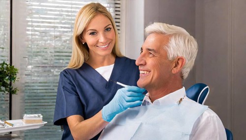 AI generated, dentist treats an attractive older man, senior, seniors, 65, dentist, blonde, 30, 35,