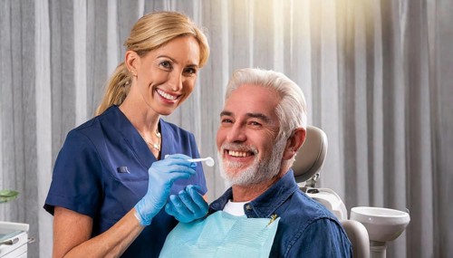 AI generated, dentist treats an attractive older man, senior, seniors, 65, dentist, blonde, 30, 35,