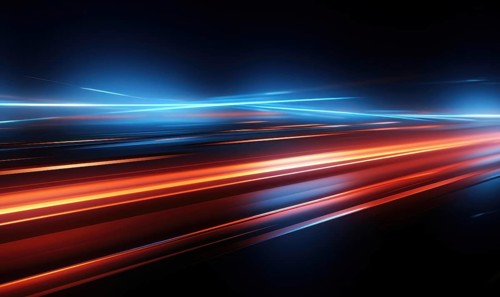 Abstract technology background with blue and red glowing lines and bokeh AI generated
