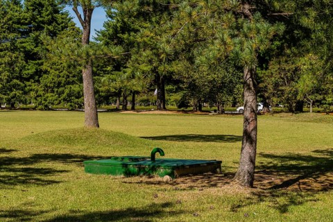 Green, rectangle underground maintenance access point shaded by evergreen trees in public park on