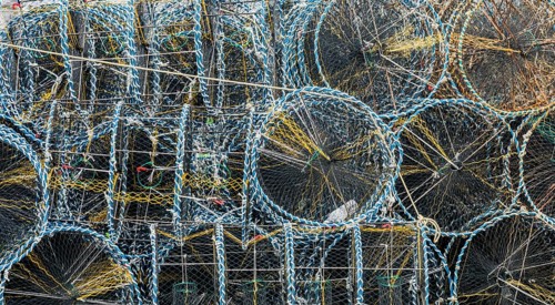 Closeup of crab cages used to bait, lure, and catch crabs for commercial or recreational use in