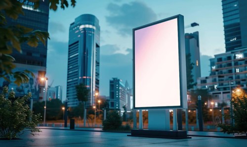 Blank street billboard on city street. Mock up of vertical advertising stand in the street AI