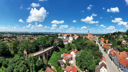Aerial view of Dingolfing with a view of the historic town centre. Dingolfing, Lower Bavaria,