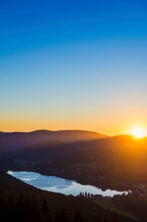 View from Hochfirst to Titisee and Feldberg, sunset, near Neustadt, Black Forest,