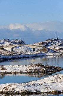 Fredvang bridges in winter, Fredvang, Lofoten, Nordland, Norway, Europe