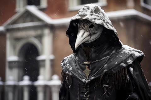 Person dressed as a plague doctor, adorned with the iconic crow mask, amidst the snowfall at the