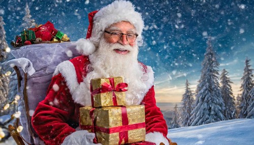 AI generated, man, 70+, Father Christmas, red coat, backpack, full beard, winter, snow, ice, fir
