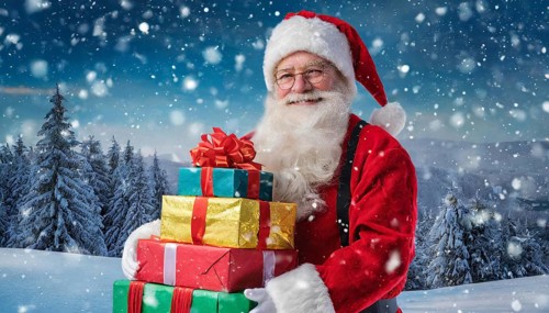 AI generated, man, 70+, Father Christmas, red coat, backpack, full beard, winter, snow, ice, fir