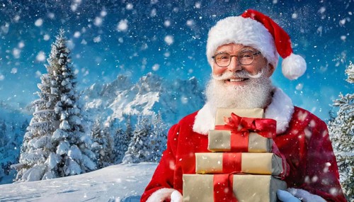 AI generated, man, 70+, Father Christmas, red coat, backpack, full beard, winter, snow, ice, fir
