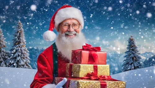 AI generated, man, 70+, Father Christmas, red coat, backpack, full beard, winter, snow, ice, fir