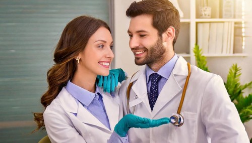 AI generated, RF, woman, woman, man, men, doctor, female doctor, two, 30-35, years, attractive,